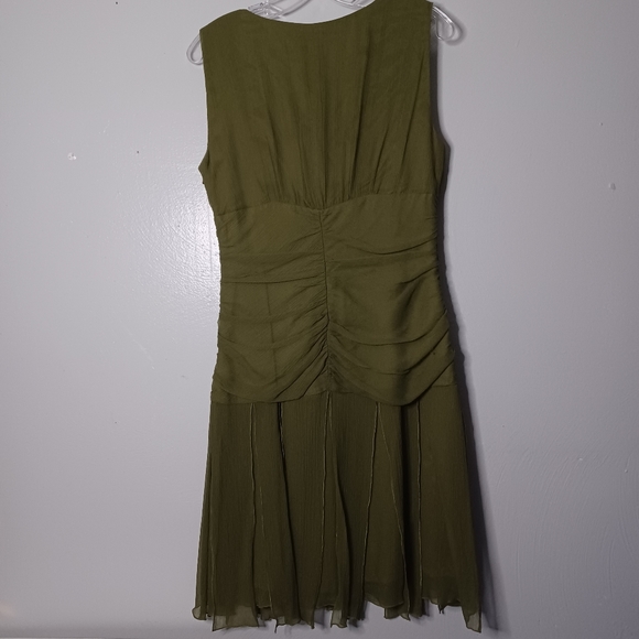 #66 Citrine Green Silk Drop Waist Empire Waist Ruched Bodice Dress Women's 12 - Picture 7 of 11